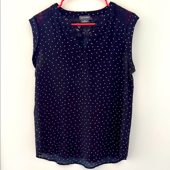 Van Heusen Navy Blue Mandarin Collar V-Neck Blouse with Heart Dots Size M/L - Picture 1 of 8